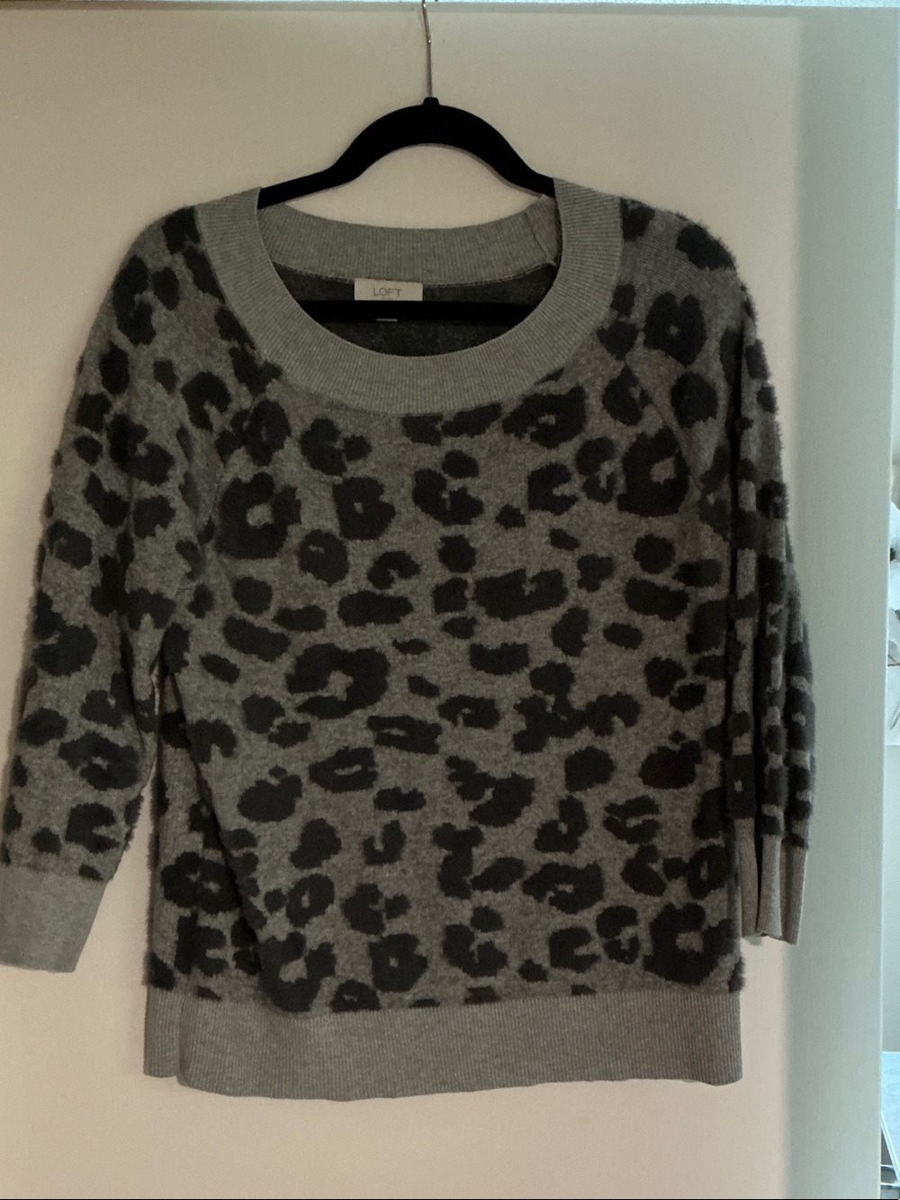 LOFT Gray and Charcoal Leopard-Print Crewneck Sweater